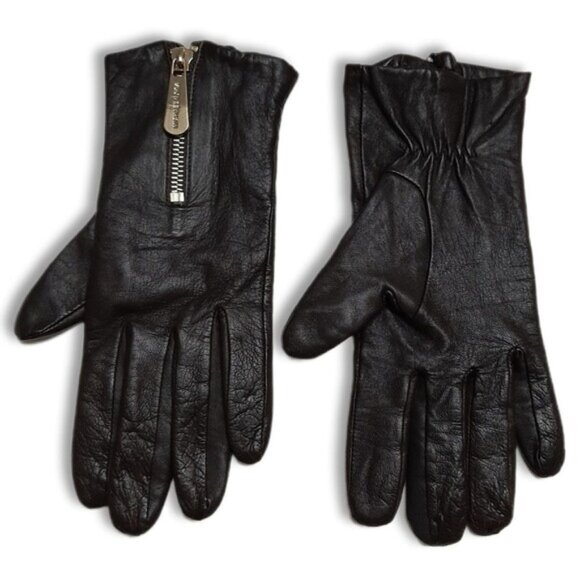 MICHAEL KORS Classic Leather Gloves Dark Brown w/ Zipper Detail Sz M - Picture 1 of 16